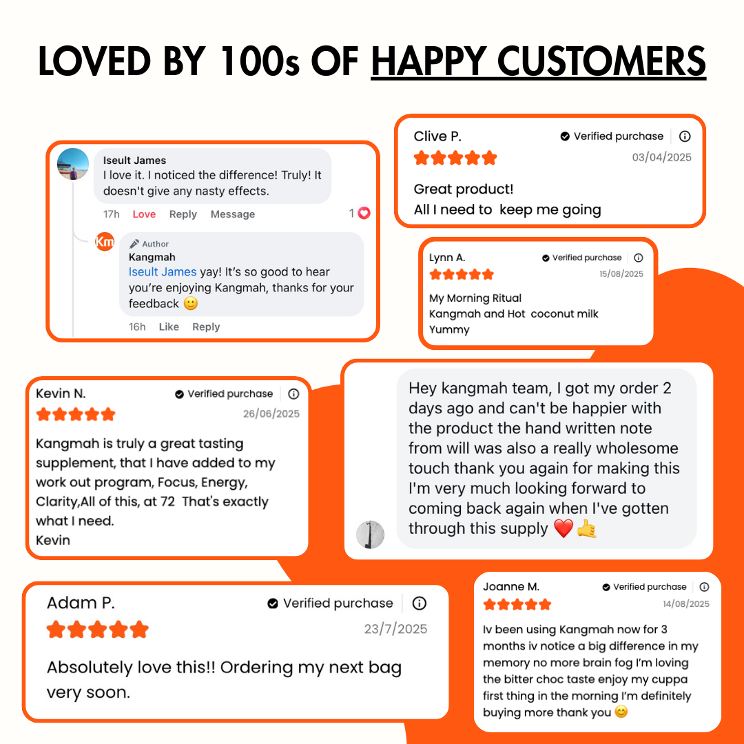Reviews of a product with customer testimonials on an orange and black background