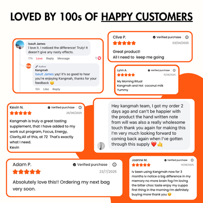 Reviews of a product with customer testimonials on an orange and black background